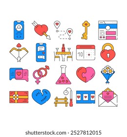 Dating Love Romantic Collection Icons Set Vector. Broken And Loving Heart, Bouquet Flowers And Chocolate Candy Box, Message And Film Dating color Contour Illustrations