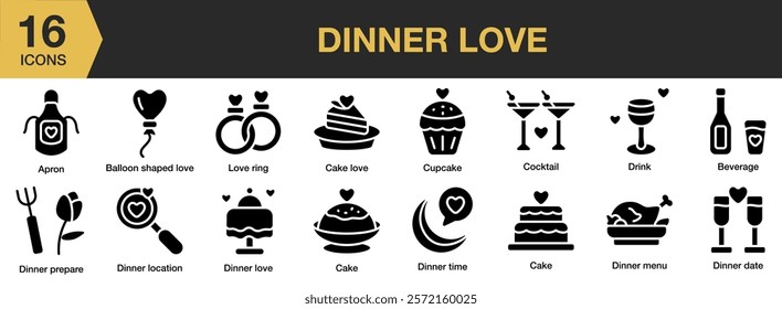 Dating Love solid icon set. Includes dating, romance, relationship, love, couple, and More. Solid icons vector collection.