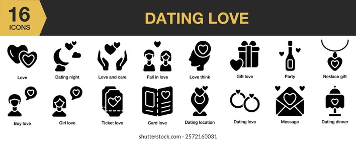 Dating Love solid icon set. Includes dating, romance, relationship, love, couple, and More. Solid icons vector collection.