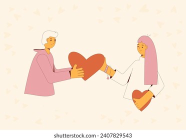 Dating and love. Valentine's Day gift exchange. Young people giving and receiving presents. Love holiday celebration. February 14 banner with romantic couple. Vector groovy style illustration