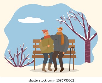 Dating of man and woman sitting on bench near snowy tree. People embracing on wooden seat walking in park in winter time. Male and female characters wearing scarf and hat hugging outdoor vector