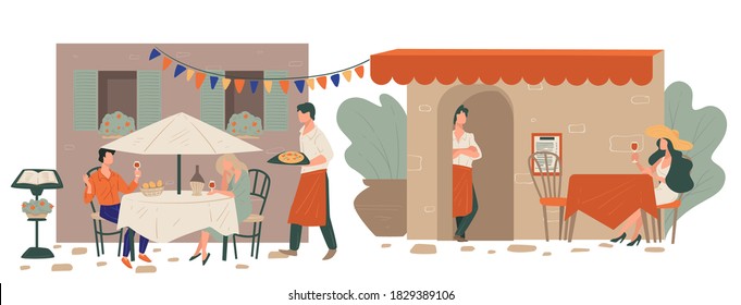 Namoro homem e mulher sentado no terraço do restaurante italiano esperando pizza. Personagem feminino bebendo vinho sozinho. Garçom servindo clientes por mesa, exterior festivo do café, vetor em flat