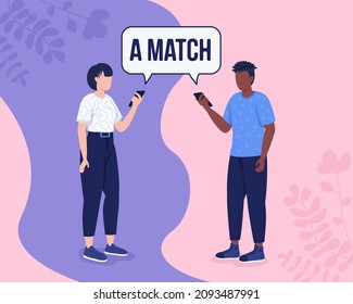 Dating matching algorithm flat color vector illustration. Meeting partner online. Lonely woman and man searching for romantic relationships 2D cartoon characters with abstract space on background