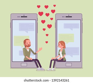 Dating mobile application chat. Pair talking on smartphone screen, man and woman put together, dream to meet life partner via social network service, heart love symbols around. Vector illustration