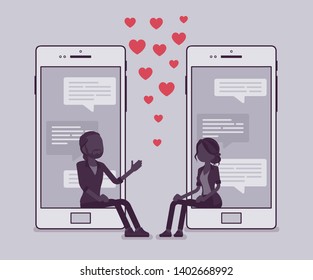 Dating mobile application chat. Pair talking on smartphone screen, man and woman together, meet life partner via social network service, heart love symbols. Vector illustration, faceless characters
