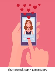 Dating mobile application with female profile on smartphone screen. Online app for singles to find match, social network service to connect, meet life partner, hand holding phone. Vector illustration