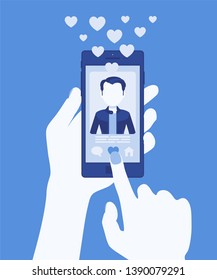 Dating mobile application with male profile on smartphone screen. Online app for singles to find match, social network service to connect, hand holding phone. Vector illustration, faceless character