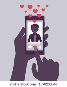 Dating mobile application with male profile on smartphone screen. Online app for singles to find match, social network service to connect, hand holding phone. Vector illustration, faceless character