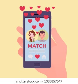 Dating mobile application with match on smartphone screen. Man, woman put together, join to form pair in online app, meet life partner, social network service, hand holding phone. Vector illustration