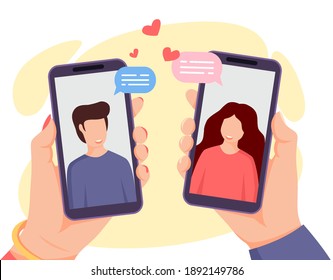 Dating in mobile application. Dating online. Hands holding smartphones with man and woman on screen. Young couple. Love concept in social network