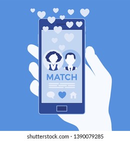 Dating mobile application with pair match on smartphone screen. Man, woman put together, join to form pair in online app, meet life partner, hand hold phone. Vector illustration, faceless characters