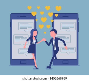 Dating from mobile application, pair match on smartphone screen with chat. Man, woman together, meet life partner, social network service, heart love symbols. Vector illustration, faceless characters