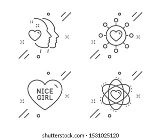 Dating network, Heart and Nice girl line icons set. Atom sign. Relationships network, Love head, Love heart. Electron. Love set. Line dating network outline icon. Vector