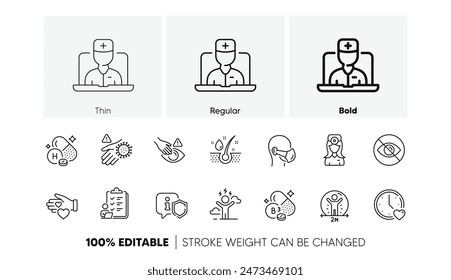 Dating, Not looking and Serum oil line icons. Pack of Vitamin h, Checklist, Wash hand icon. Dont touch, Shield, Medical mask pictogram. Niacin vitamin, Oculist doctor, Volunteer. Line icons. Vector