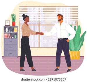 Dating in office, acquaintance. Business partnership cooperation beginning. Man and woman shaking hands after signing contract agreement. Working meeting, communication, dialogue. Handshake gesture