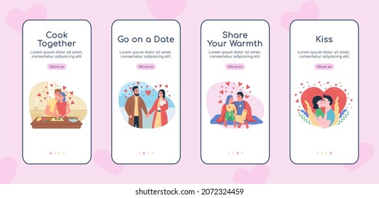 Dating onboarding mobile app screen flat vector template. Couple activities. Walkthrough website 4 steps with characters. Creative UX, UI, GUI smartphone cartoon interface, case prints set