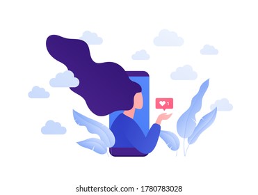 Dating online app, relationship and blogger concept. Vector flat person illustration. Woman on phone screen holding heart shape like symbol. Love emotion. Design element for banner, web.