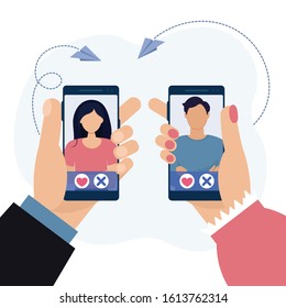 Сoncept dating online application via hand hold mobile chat and social activity relationship between man and woman. Cute vector illustration in flat style