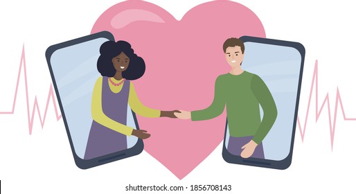 Dating and online communication. Virtual romantic date. Love during quarantine. Meeting lovers in a video chat through a smartphone application in social networks. American black woman and white man.