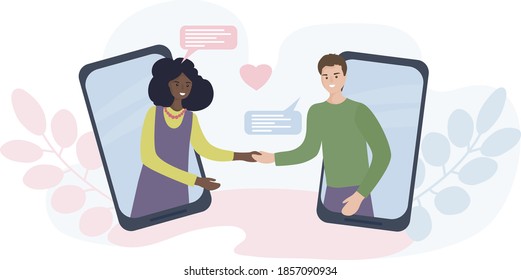 Dating and online communication. Virtual romantic date. Love during quarantine. Meeting lovers in a video chat through a smartphone application in social networks. American black woman and white man.