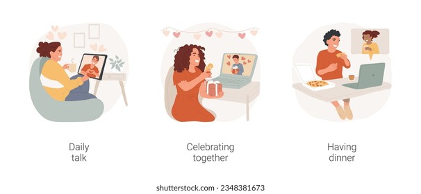 Dating online isolated cartoon vector illustration set. Young couple having daily talk on smartphone, celebrating Valentines day online, virtual date, having dinner, eat pizza vector cartoon.