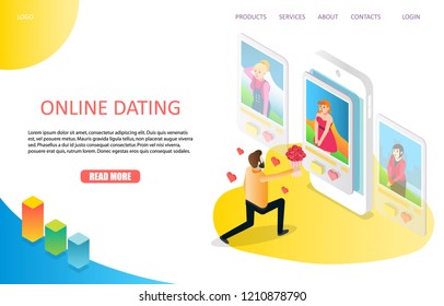 Dating online landing page website template. Vector isometric illustration of man giving bouquet of flowers to his girlfriend from smartphone while getting down on one knee.