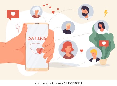 Dating online. Mobile application for searching love creation virtual relationship. Man woman chatting on internet, social networking, making date. Human hand holding smartphone, user avatar around