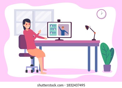 Dating online vector concept: Young man and woman dating on video conference during pandemic of corona virus