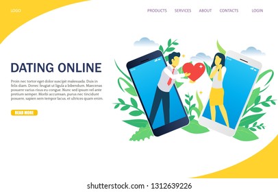 Dating online vector website template, web page and landing page design for website and mobile site development. Young man giving his heart to his virtual girlfriend. Dating applications concept.