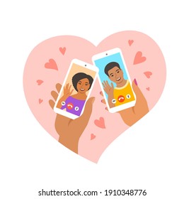 Dating online young couple video call flat concept. Find your love on internet dating app concept. Man and woman have virtual date using smartphones. Happy Valentines day. Cartoon vector illustration