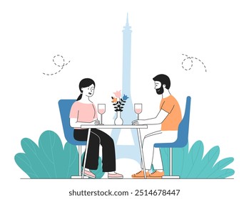 Dating in Paris. Man and woman sitting with glasses of wine near Eiffel Tower. Love and romantic. Tourists and travelers in France. Linear vector illustration isolated on white background