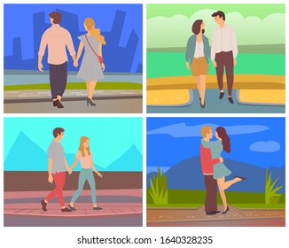 Dating people in evening vector set, man and woman romantic couple on date. Male and female, boyfriend and girlfriend celebrating anniversary of relationship. Valentine day. illustration in flat style