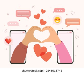 Namoro conceito de aplicativo de telefone, Casal correspondência em aplicação on-line no smartphone. Móvel com botão em uma interface.