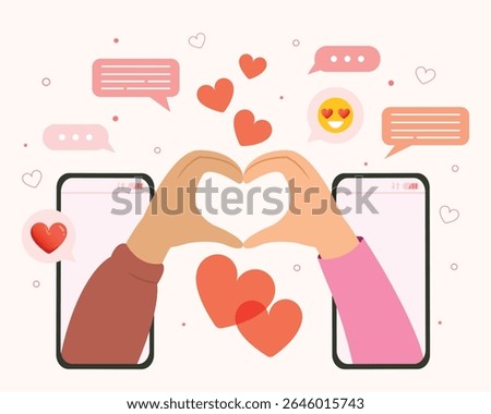 Dating phone app concept, Couple match in online application on smartphone. Mobile with pushing button on a interface.