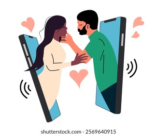 Dating phone app concept. People search love, romantic relationships in the Internet. Couples, lovers communicate online, flirt in chats. Flat isolated vector illustrations on white