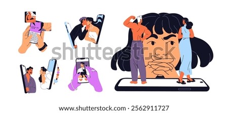 Dating phone app concept set. People search love, romantic relationships in the Internet. Couples, lovers communicate online, flirt in chats, send nudes. Flat isolated vector illustrations on white