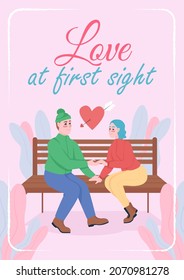 Dating poster flat vector template. Romantic relationship. Couple holding hands. Brochure, booklet one page concept design with cartoon characters. Love at first sight flyer, leaflet with copy space