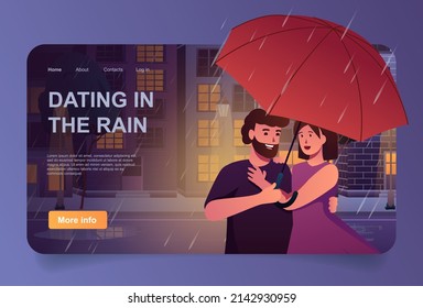 Dating in the rain concept in cartoon design for landing page. Loving couple hugging and walk under umbrella. Man and woman on date in rainy evening. Vector illustration with people for web homepage