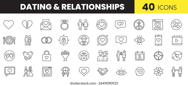 Ícones de linha de namoro e relacionamentos - Símbolos vetoriais mínimos de amor, romance e conexão