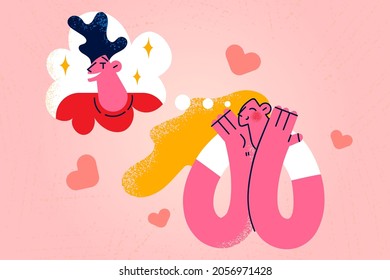 Dating, romance, Feeling in love concept. Young smiling female cartoon character standing feeling in love dreaming of her boyfriend vector illustration