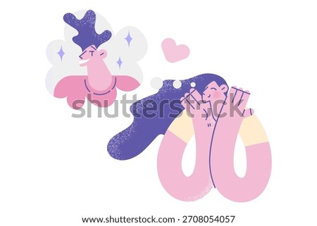 Dating, romance, Feeling in love concept. Young smiling female cartoon character standing feeling in love dreaming of her boyfriend vector illustration