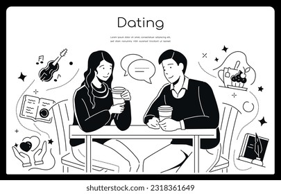 Dating and romance - modern line design style banner with copy space for text. Composition with couple drinking coffee at a table. Discuss music, literature, food and art. Love idea