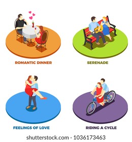 Dating Romantic relationship 2x2 design concept with serenade on bench riding cycle feeling of love and romantic dinner isometric compositions vector illustration 