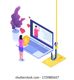 Dating Scam, Online Dating Fraud Concept. Vector Isometric Illustration.