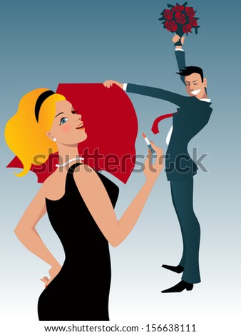 Dating scene. Young man posing as a bullfighter with a red cape and a bouquet of flowers in front of a young pretty woman applying lipstick
