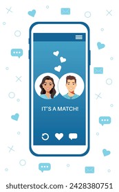Dating service app concept on phone screen. Two young people liked each other. Their interest coincided. Virtual relationship, acquaintance in social network. Vector illustration in flat style