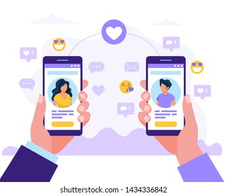 Dating service app, man and woman holding smartphones with each other profile. Virtual relationship, acquaintance in social network. Vector illustration in flat style