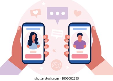 Aplicación de servicio de citas. Red social. Hombre y mujer sosteniendo el teléfono móvil con el perfil del otro.  Ilustración de vector plana colorida.