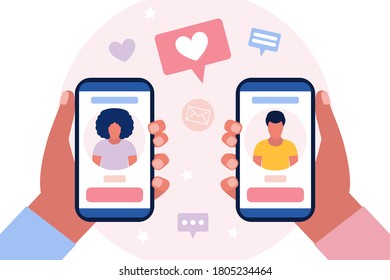 Dating service app. Social network. Man and woman holding mobile phone with each other's profile.  Colorful flat vector illustration.