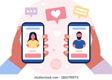 Dating service app. Social network. Man and woman holding mobile phone with each other's profile.  Colorful flat vector illustration.